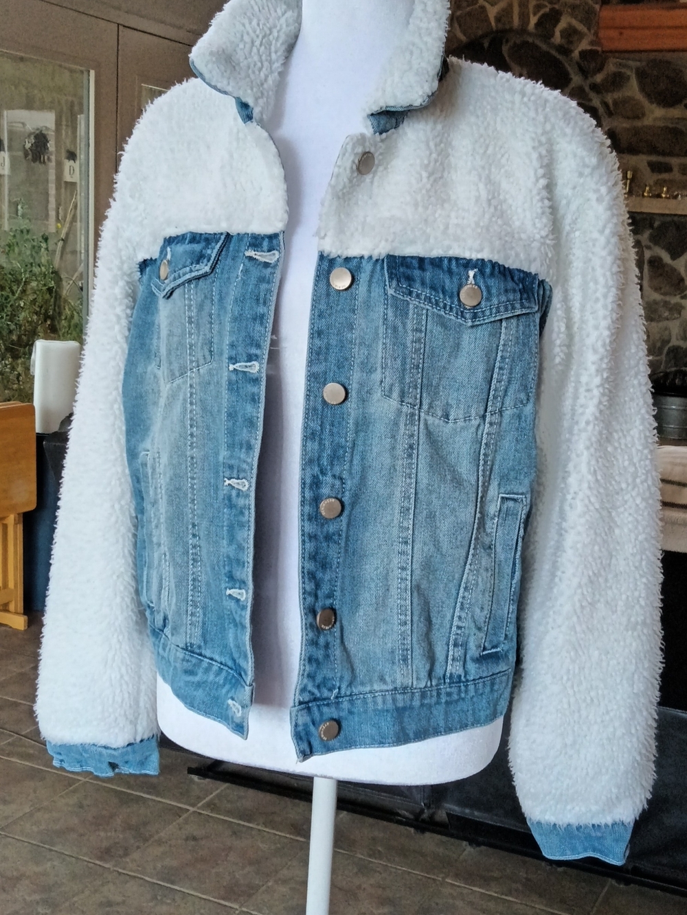 Light Blue Denim and White Sherpa Jacket - Women